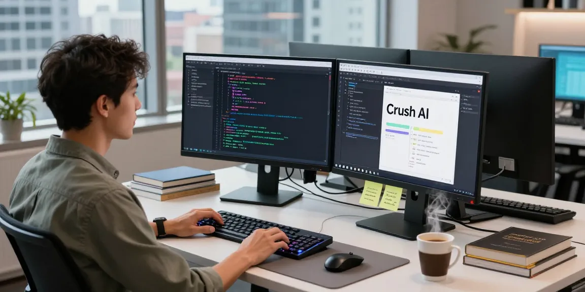 Developer coding Crush AI software in a vibrant tech workspace