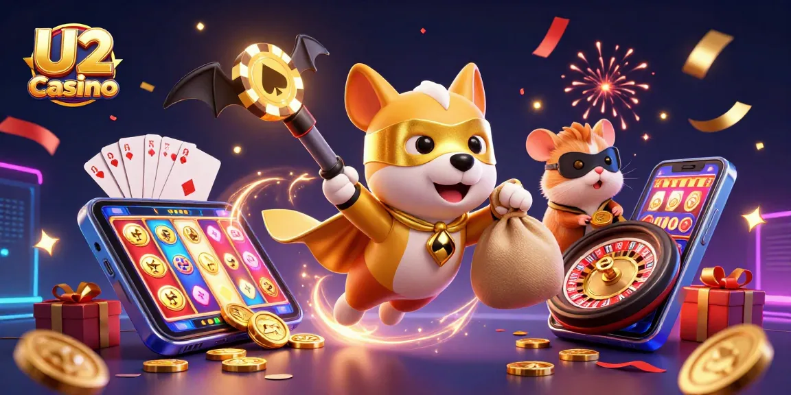 Experience U2 Casino's thrilling games with a dynamic 3D illustration featuring fun characters and vibrant casino elements.