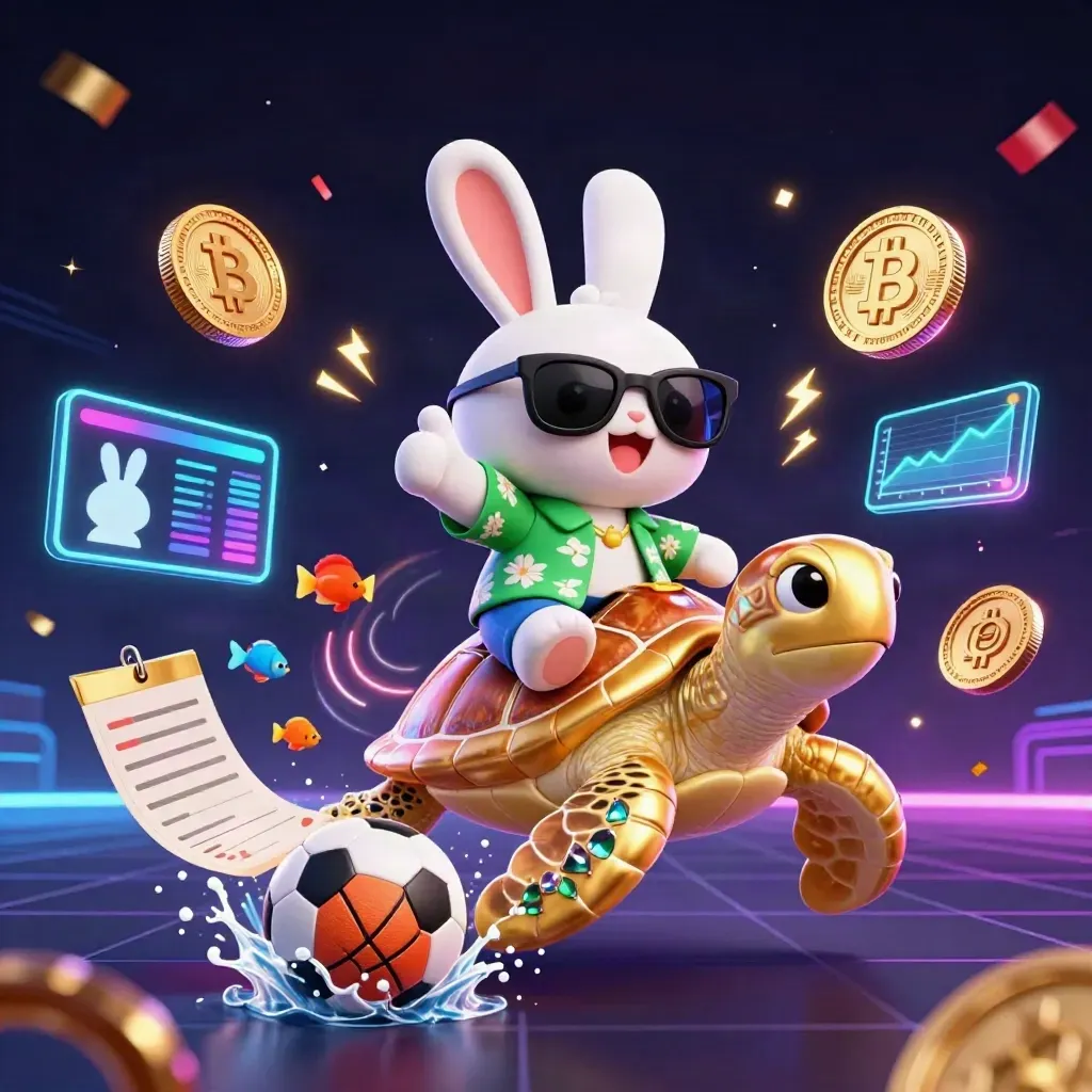 Lucky rabbit on a gold turtle amid casino lights, coins, sparks, fish, and flying sports gear