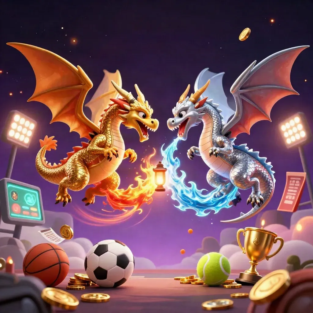 Twin gold and silver dragons clash mid-flight above flying sports balls and casino lights.