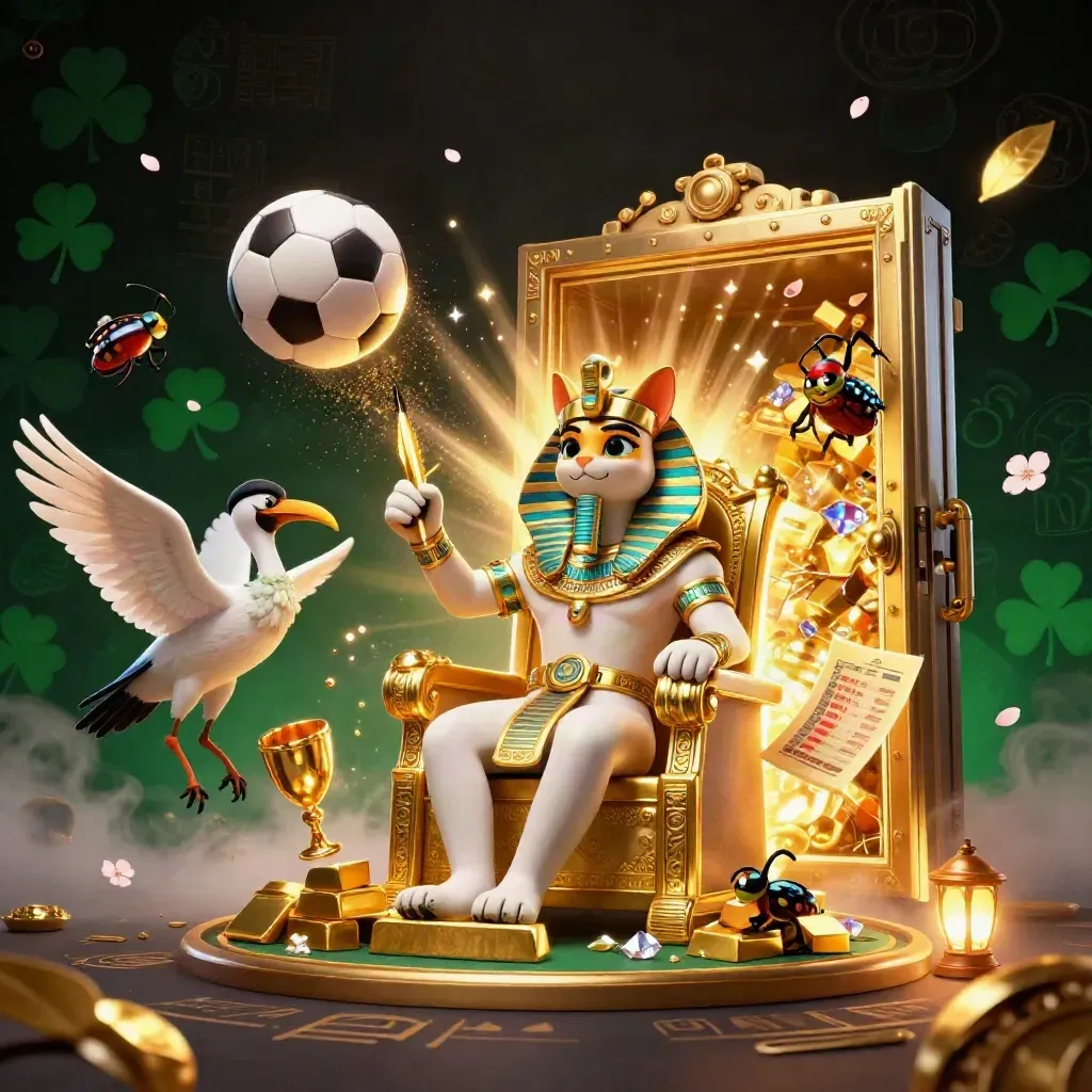 Pharaoh cat on a gold throne amid vault glow, sports balls, gems, and drifting petals.