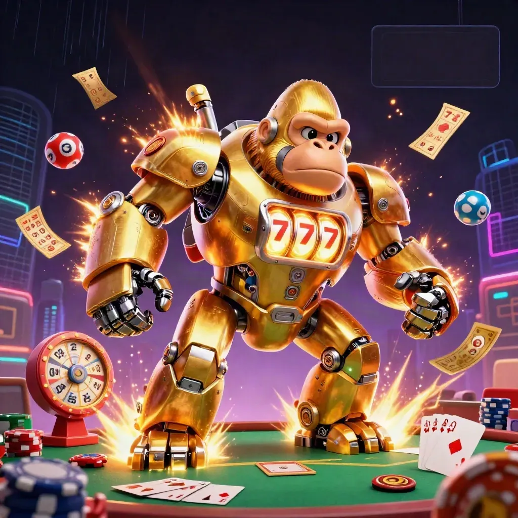 Golden gorilla mech with tiny monkey pilot, poker table, lottery balls, prize wheel, glowing gold