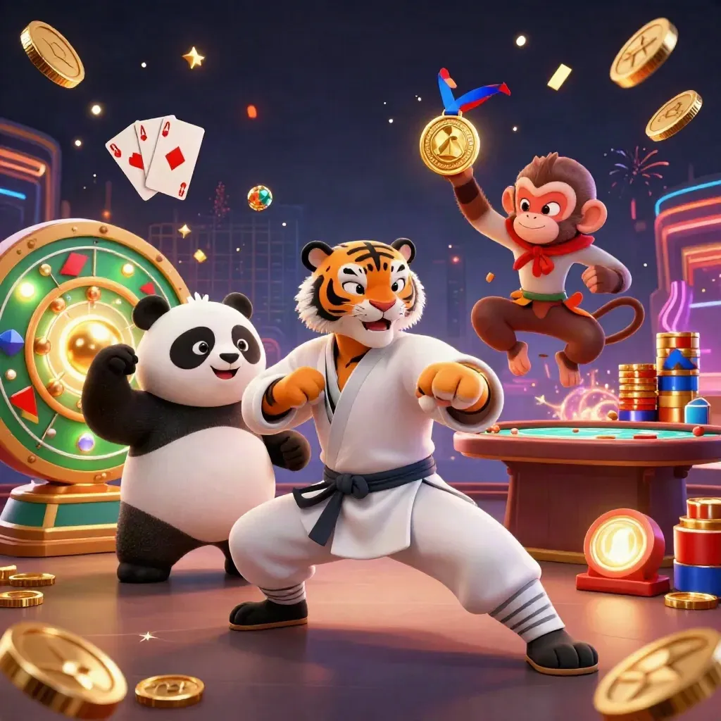 Tiger, panda, and monkey in a luxe casino action scene with coins, roulette, and glowing chips.