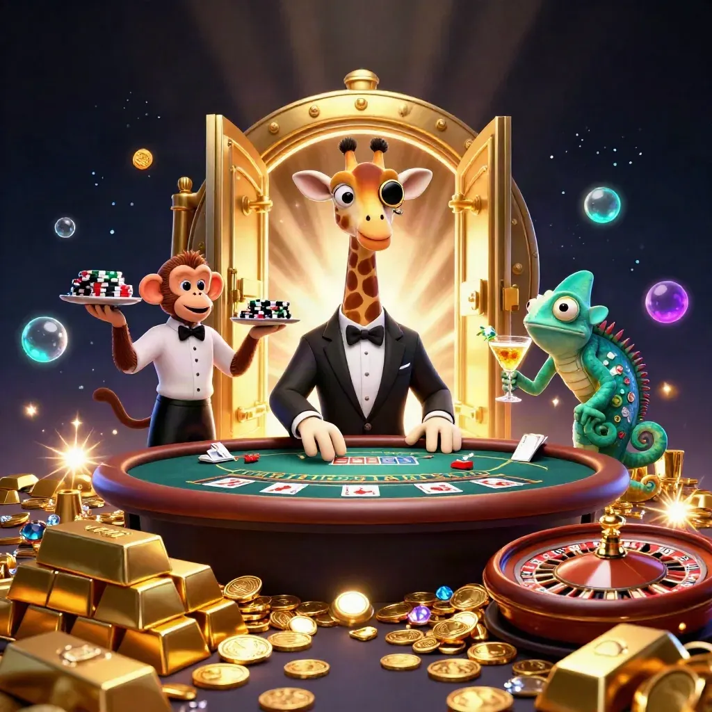 Cartoon giraffe, monkey, and chameleon in a luxe casino with vault light and gold.