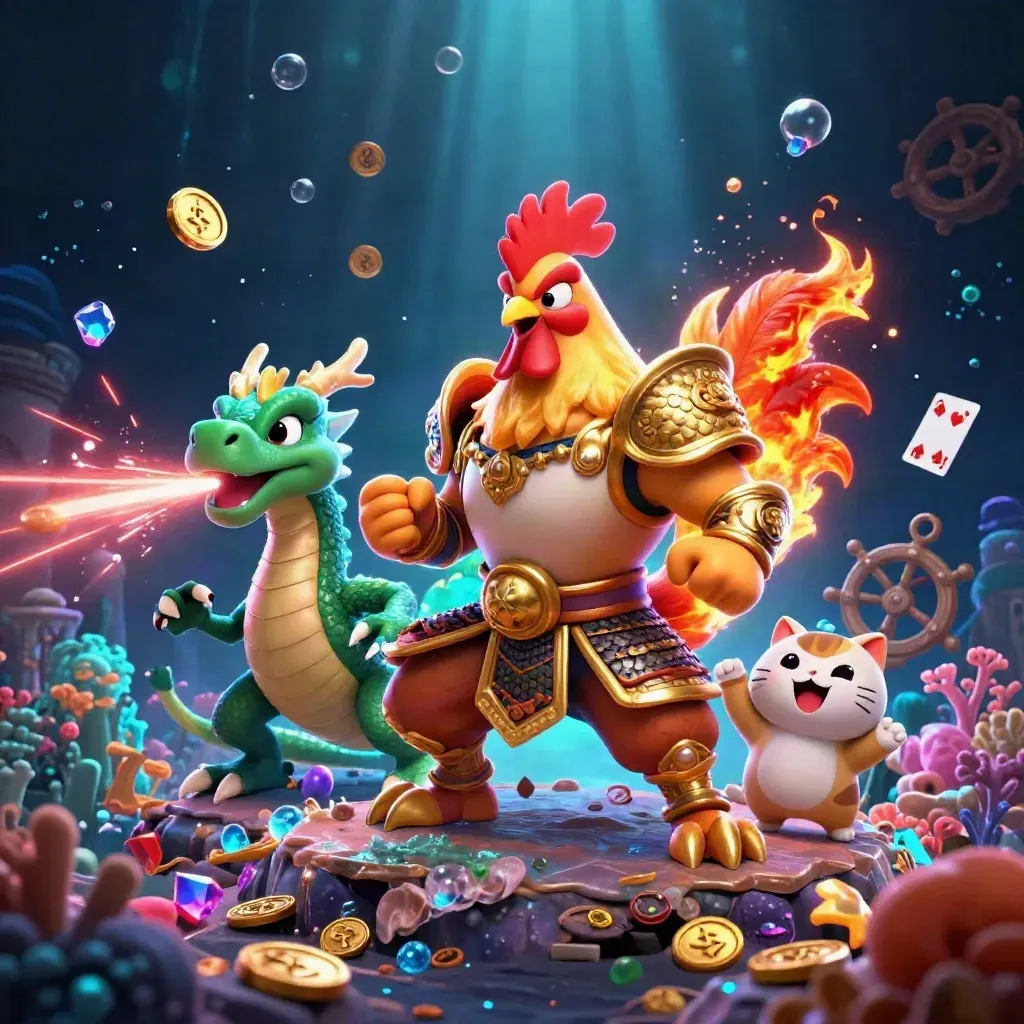 Rooster warrior, dragon hatchling, and fortune-cat in a glowing underwater treasure cove