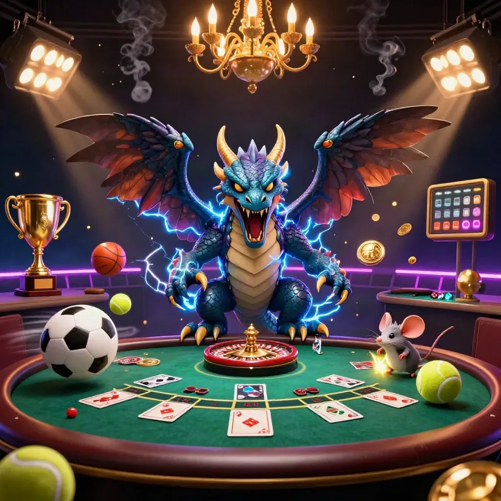 Thunder dragon, wind hawk and spark-mouse in a luxe poker salon with gold light.