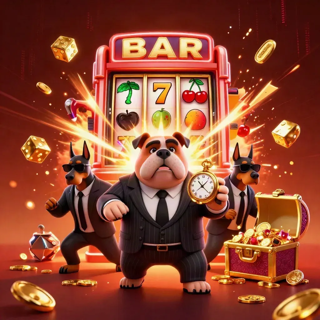 Bulldog mafia boss and two Dobermans amid exploding slot machine, gold, dice, and neon energy.
