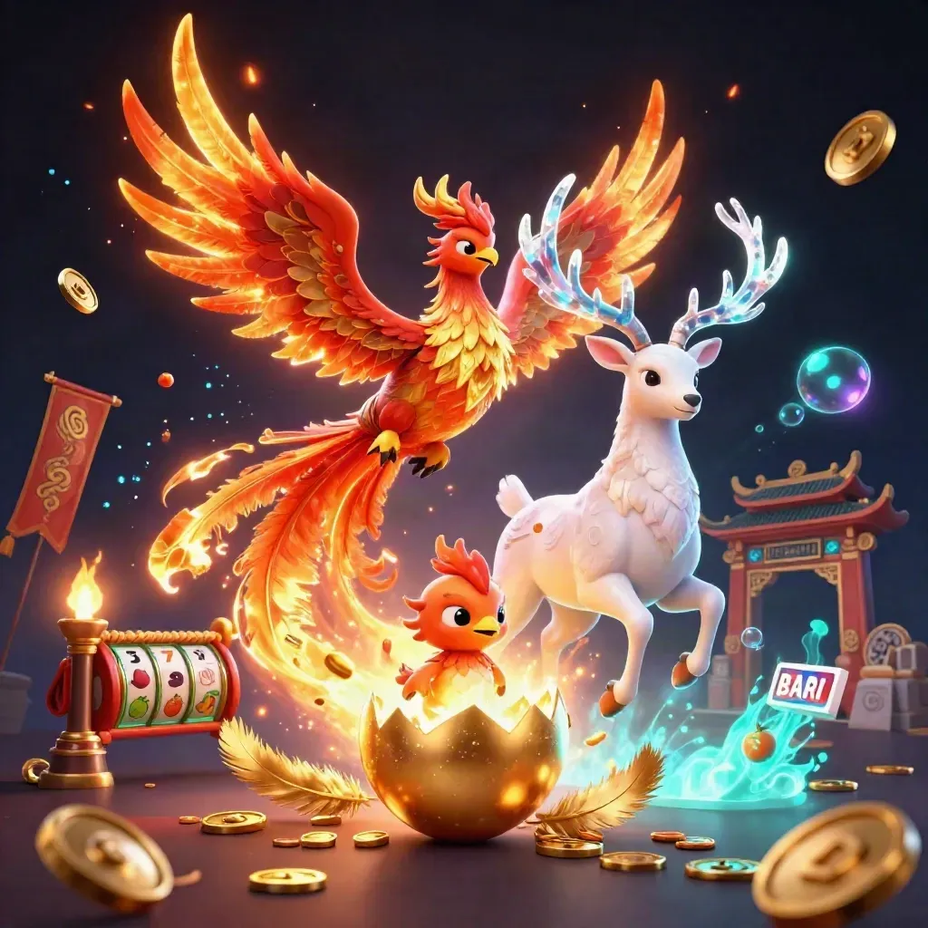 Phoenix, baby phoenix, and crystal stag amid gold coins, temple gate, and casino glow.