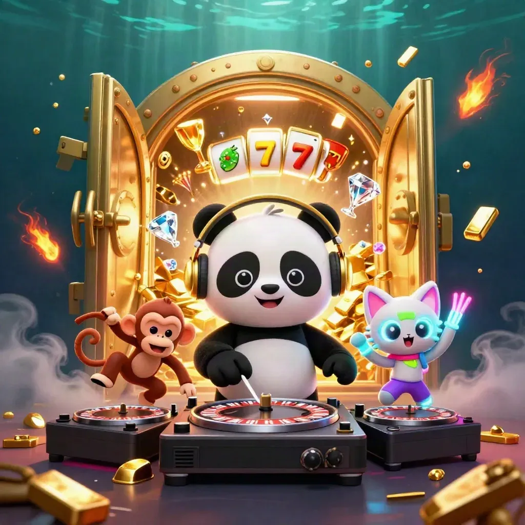 DJ panda, dancing monkey and rave kitten amid vault gold, gems and neon casino effects