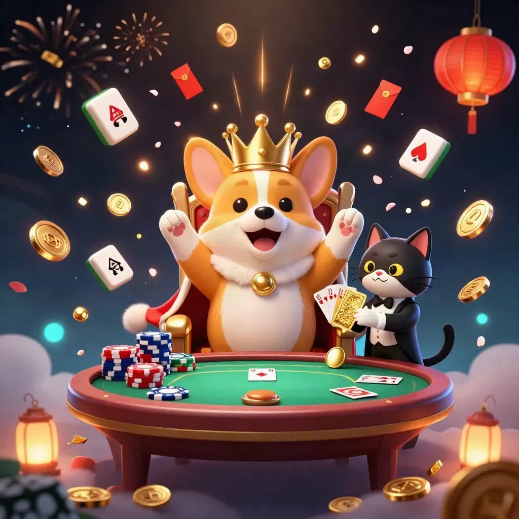 Royal corgi and cat butler amid gold coins, poker chips, lanterns, fireworks, and jackpot glow.