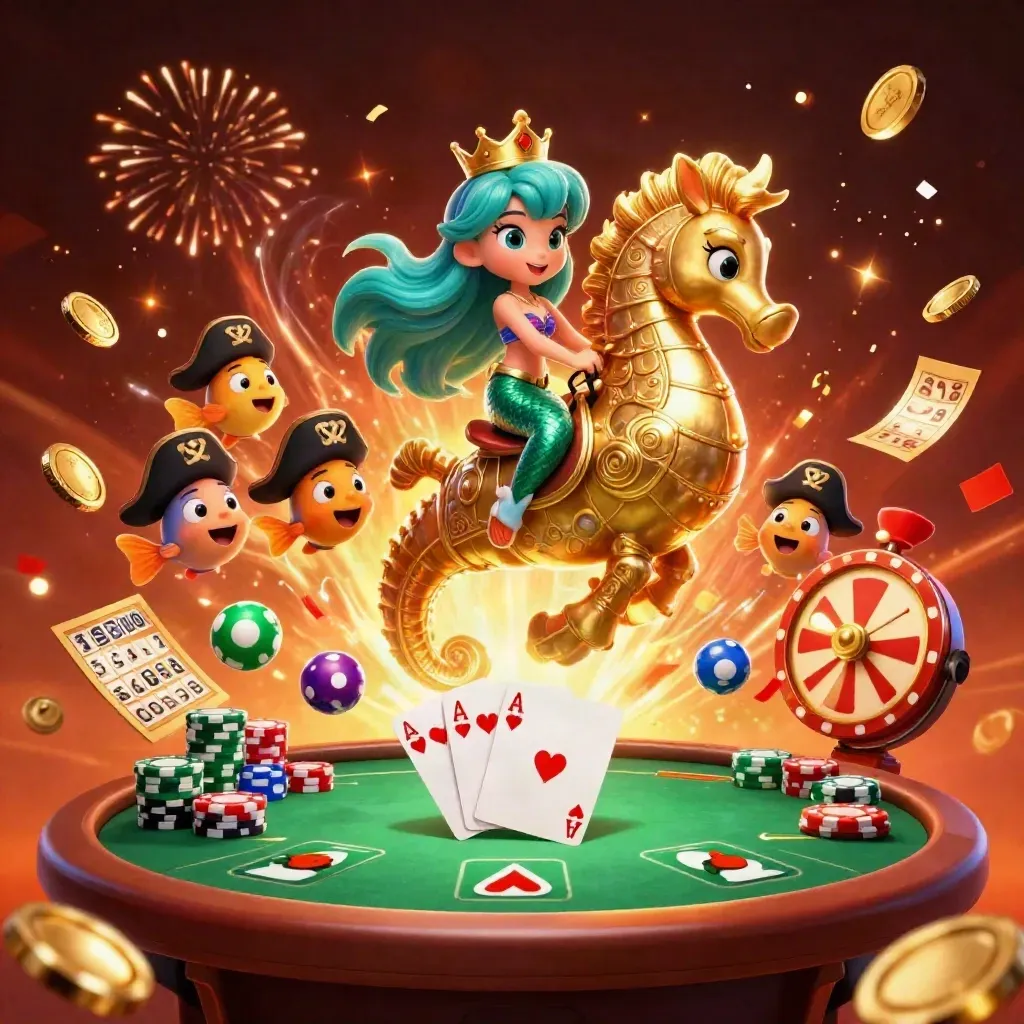 Mermaid princess on a gold seahorse with poker chips, coins, fireworks, and casino game elements