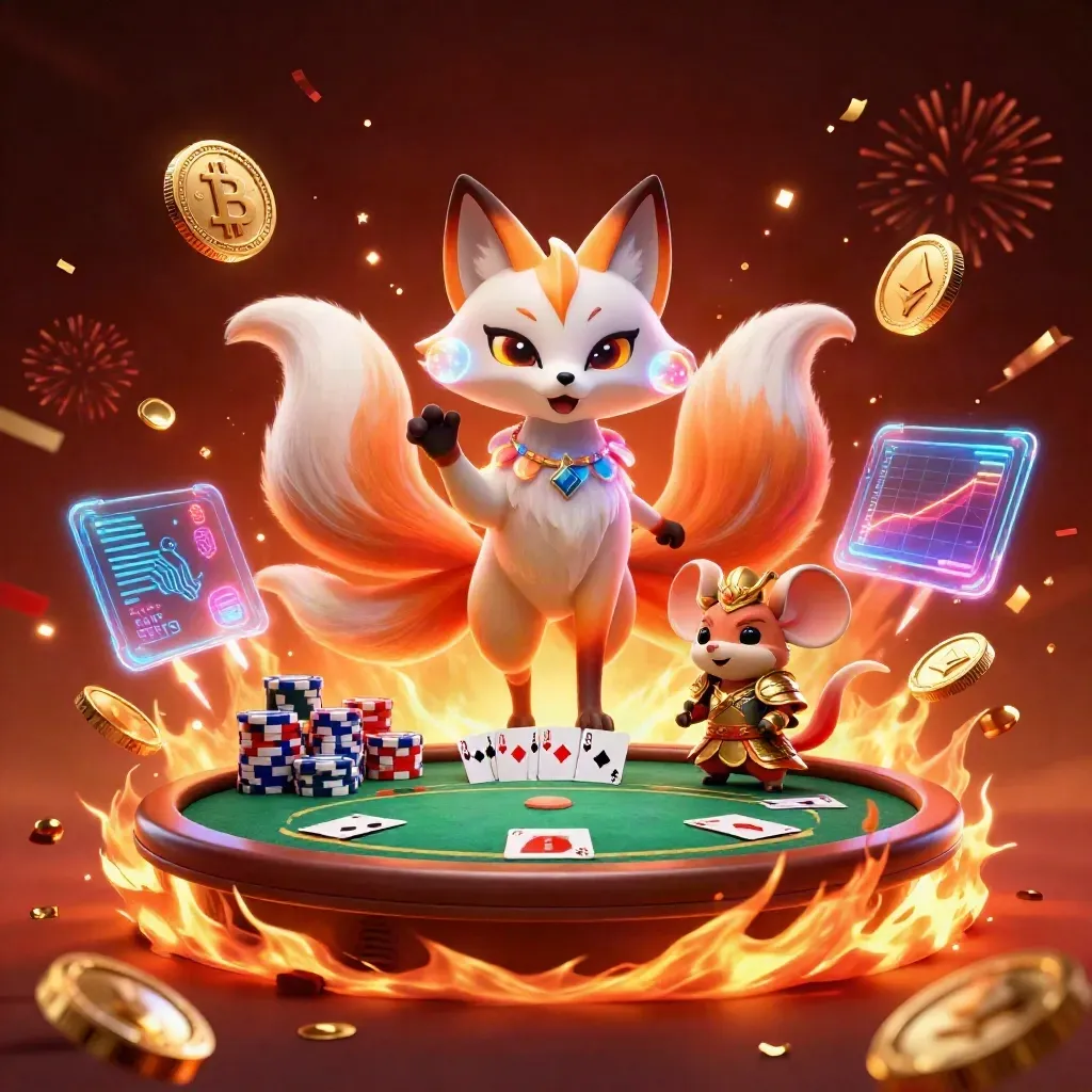 Fox spirit and armored mouse amid poker chips, gold coins, crypto sparks, and fireworks.