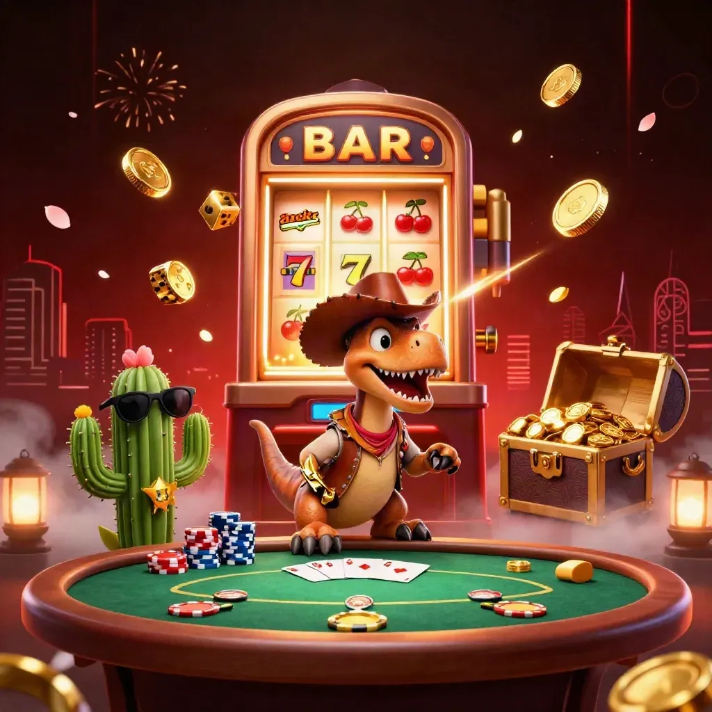 Cowboy T-Rex, cactus sidekick, and sheriff roadrunner amid exploding jackpot coins and poker gear.
