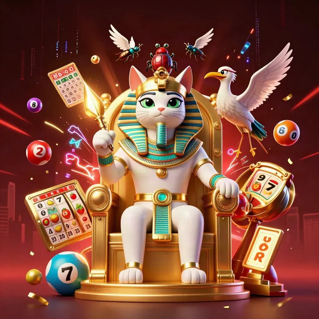 Pharaoh cat, ibis scribe, and gem-wing scarabs on a golden throne amid jackpot game effects.