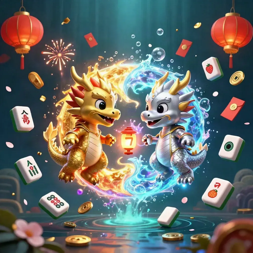 Gold and silver dragons swirl in a glowing yin-yang amid casino charms and underwater light rays.