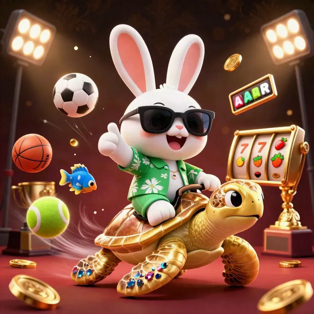 Lucky rabbit rides a golden turtle amid casino symbols, coins, and glowing lights.