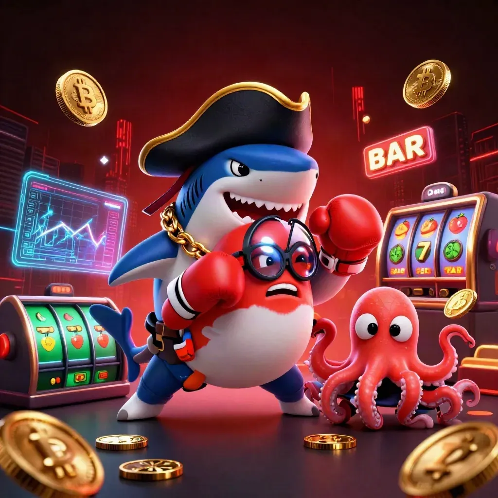 Shark pirate, boxing pufferfish, and coin-juggling octopus amid casino tech and gold.