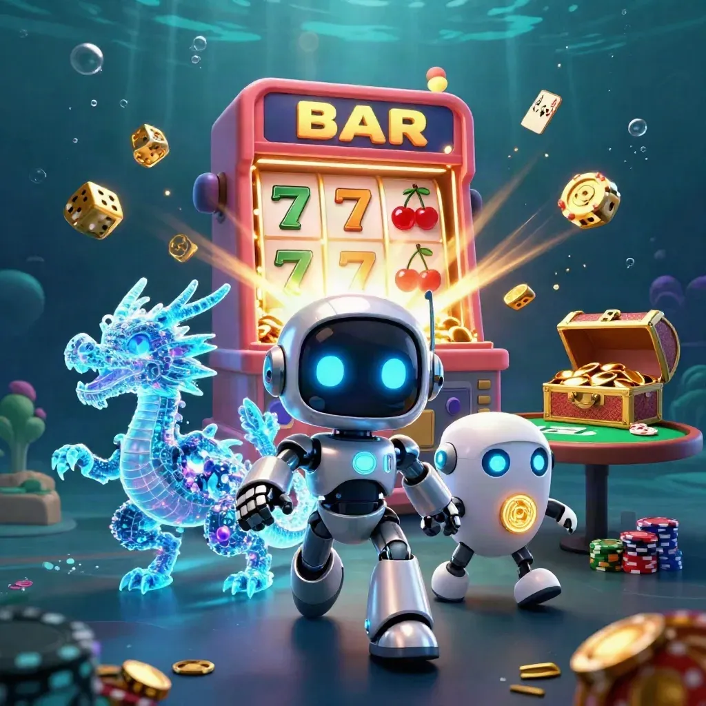 Cyberpunk robot, particle dragon, coin drone, slot burst, poker table, gold treasure in neon underwater light