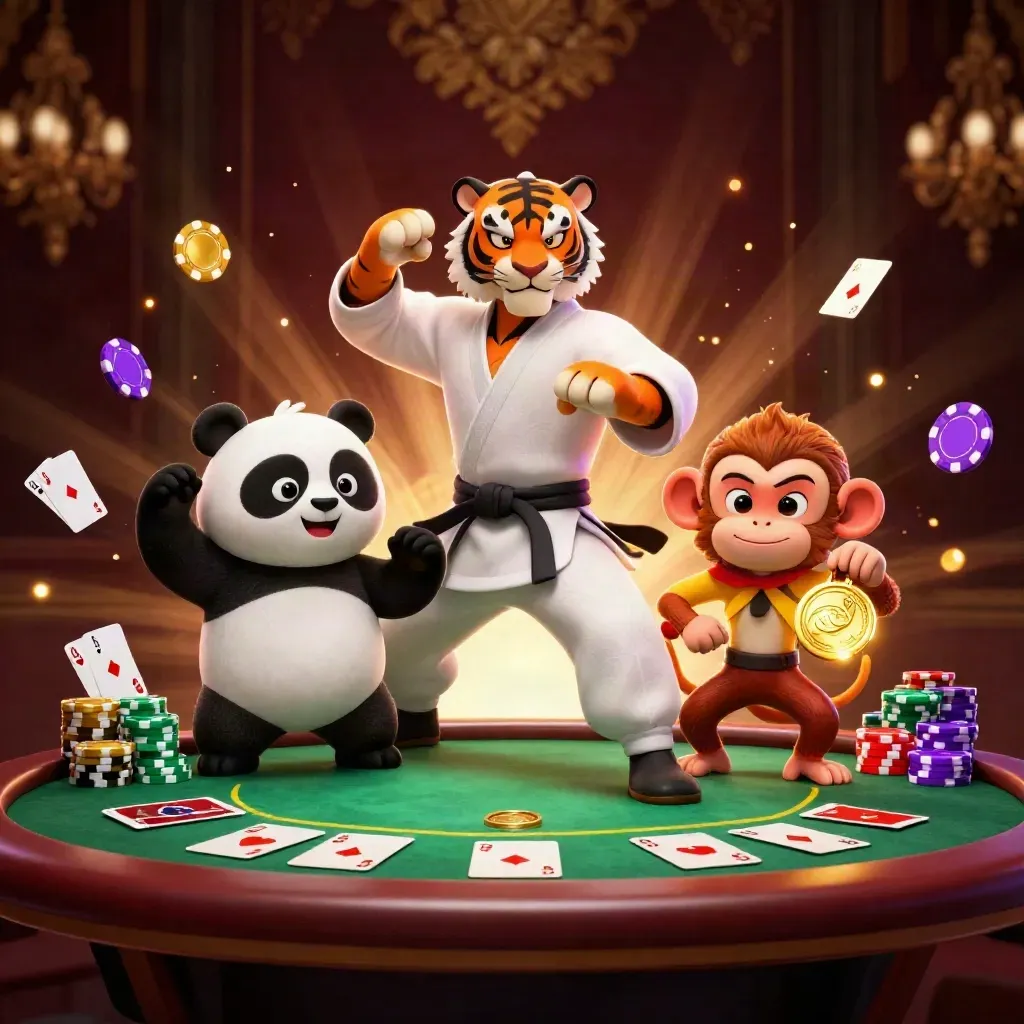 Kung-fu tiger, panda, and monkey with poker chips, aces, and golden medal
