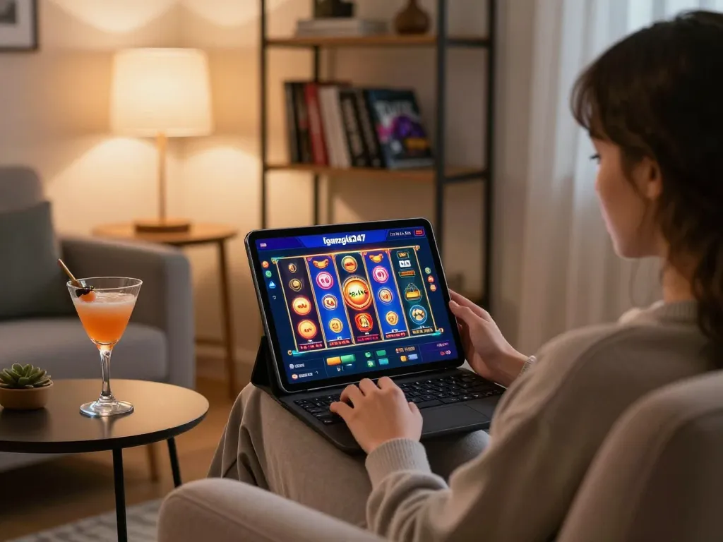 Engaging gameplay of Igamble247 Slot on a tablet in a cozy, modern living room setting.