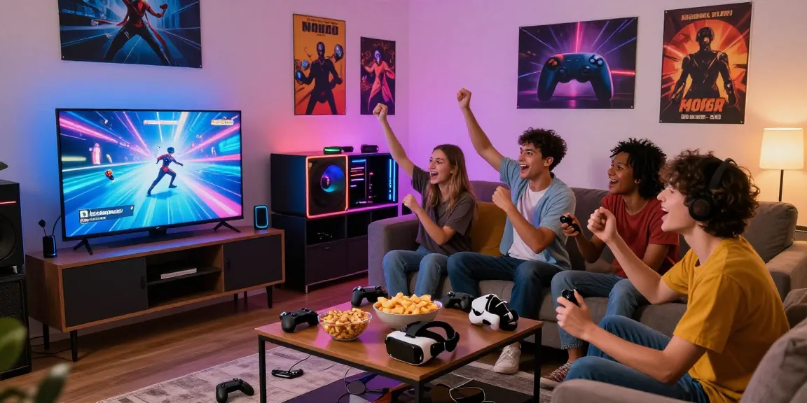 Group enjoying fun adult games in a lively game night atmosphere with vibrant gaming decor.