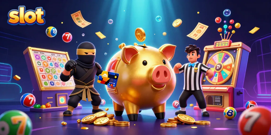 Mendapatkan jackpot dengan mesin slot yang dikelilingi oleh simbol buah dan koin emas yang bertebaran.