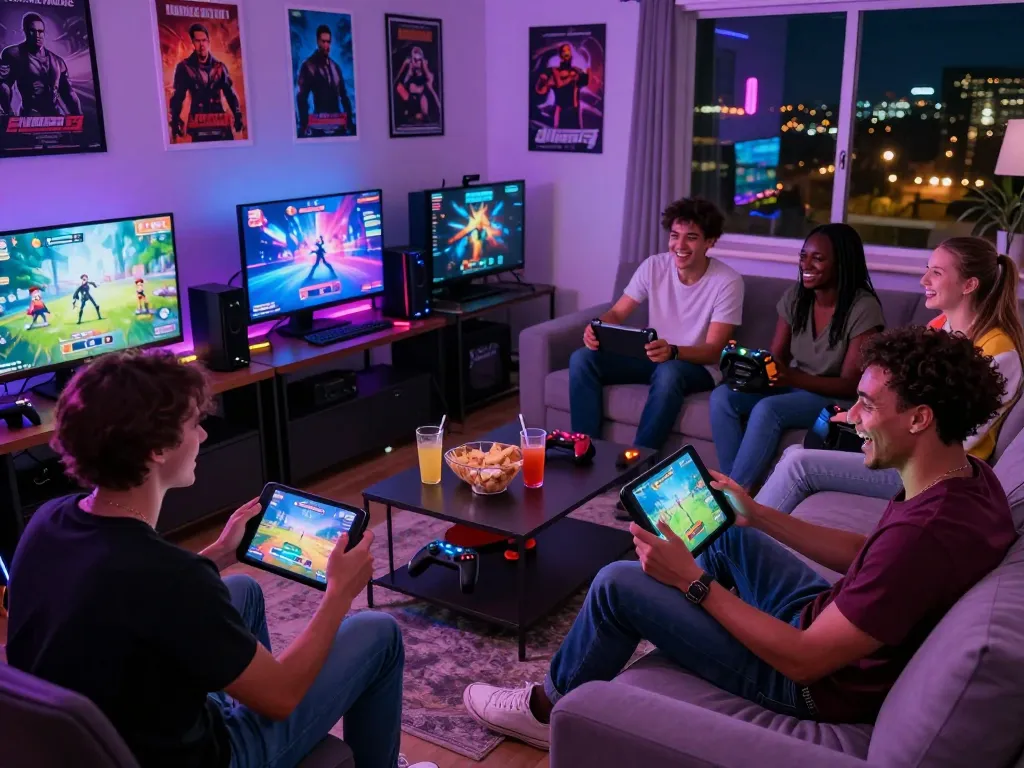 Diverse group playing engaging adult games in a vibrant gaming room.