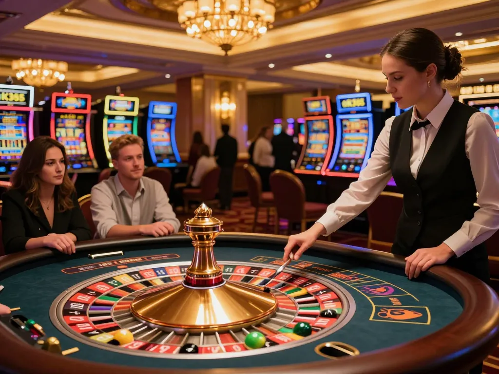 Players engage at a roulette table as the ball spins, showcasing an exciting ok365 gaming environment.