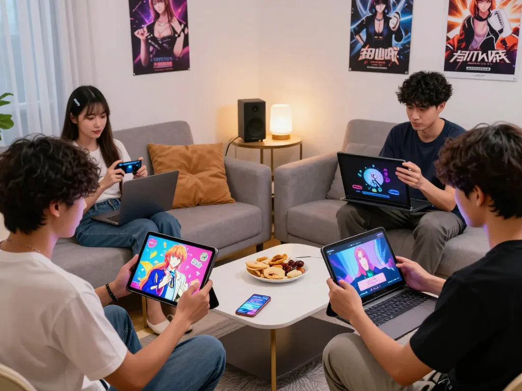 Players enjoying porngames in a cozy living room with multiple devices, colorful visuals, and snacks