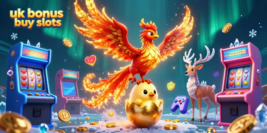 Engage with uk bonus buy slots excitement as a phoenix soars amidst colorful slot game elements.