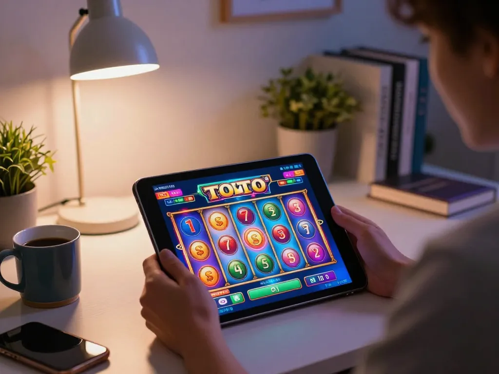 Player enjoying slot toto online gaming on a tablet in a cozy home setting