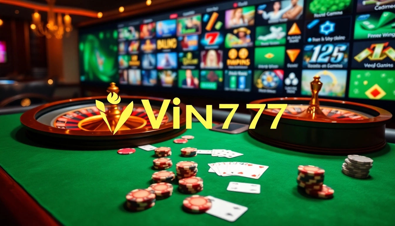 Vin777 casino showcasing exciting games with poker chips and roulette wheel.