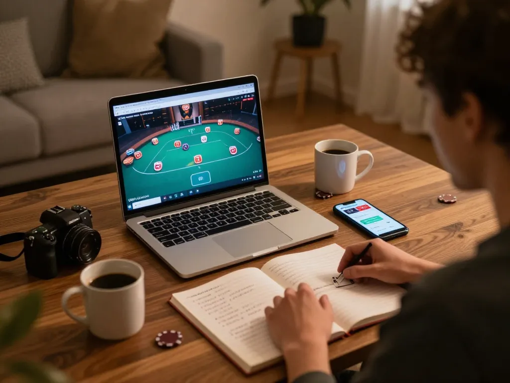 rikvip player engaging in online poker at a cozy home setup with strategy notes and casino app