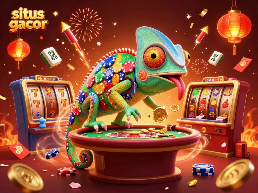 Aksi menarik di situs gacor yang menampilkan chameleon kasino menangkap koin emas di tengah suasana perayaan.