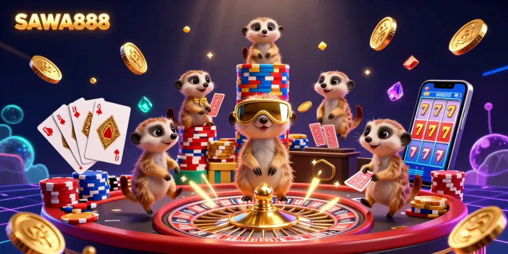 SAWA888 meerkats engaging in animated casino activities among cascading coins and vibrant game elements.