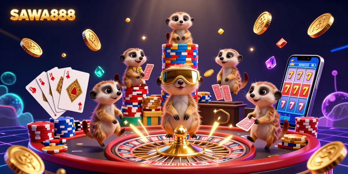 SAWA888 meerkats engaging in animated casino activities among cascading coins and vibrant game elements.
