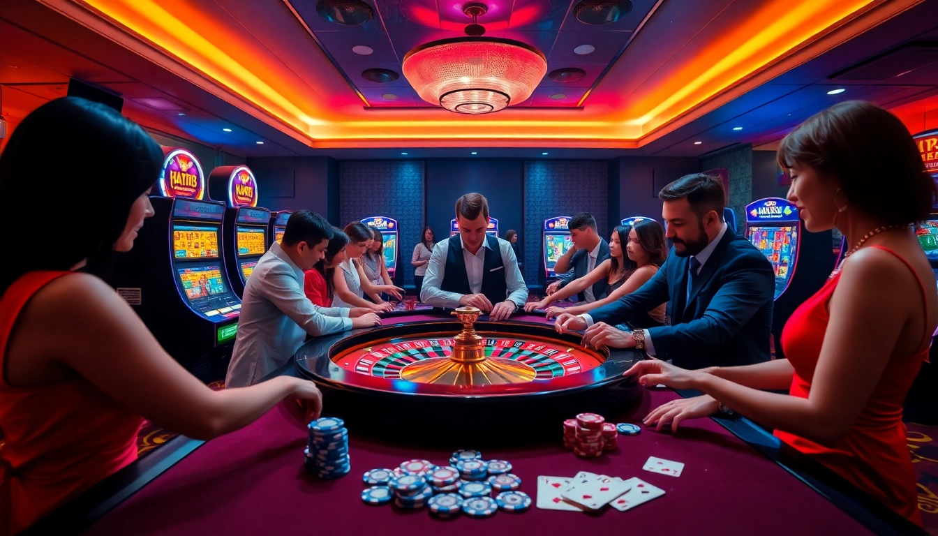 HAY88 players engaging at a lively roulette table in a vibrant casino scene