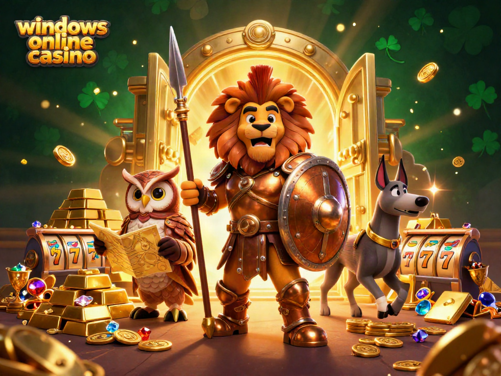 Experience the thrill at a windows online casino with a vibrant 3D scene of a Spartan lion and riches.