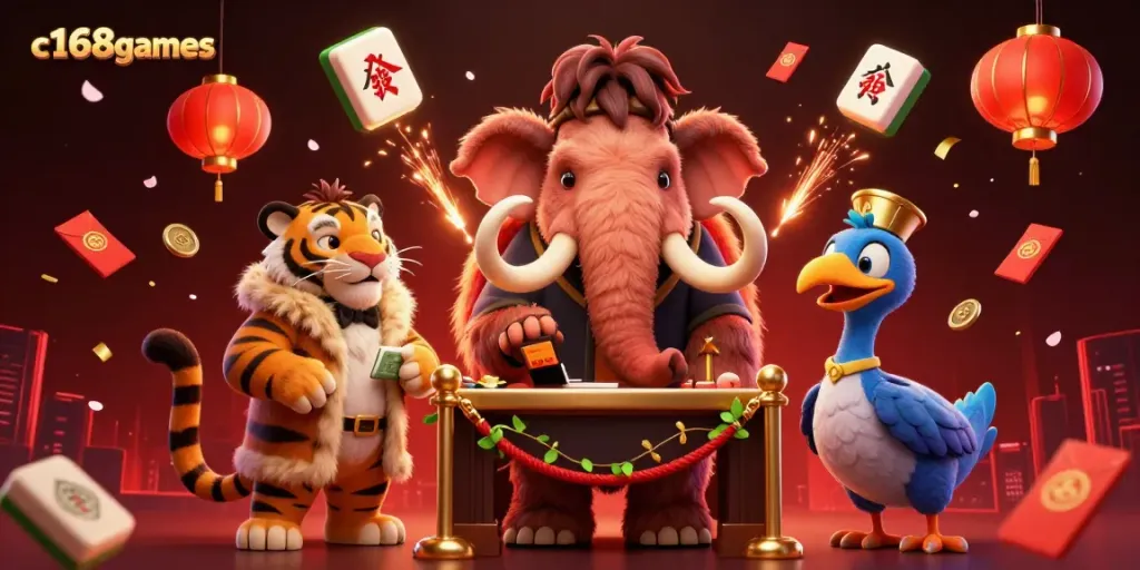 Celebrate wins at c168games with vibrant 3D casino characters in a lively scene full of luck and energy.