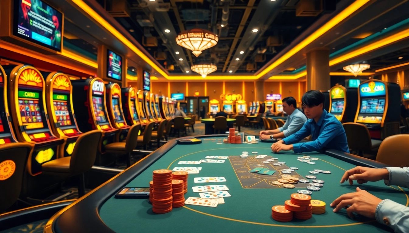 Players enjoying an exciting poker game at nhà cái m88, with vibrant casino elements in the background.