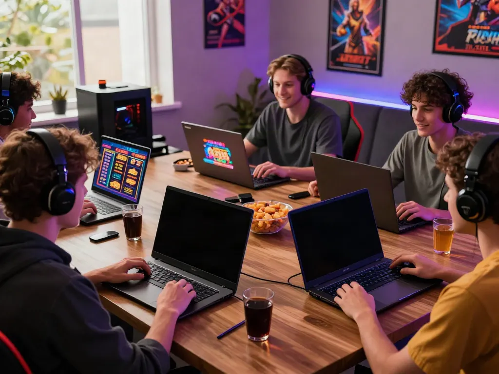 A80 gaming platform with friends enjoying diverse games on multiple devices, reflecting an engaging and vibrant gaming environment.
