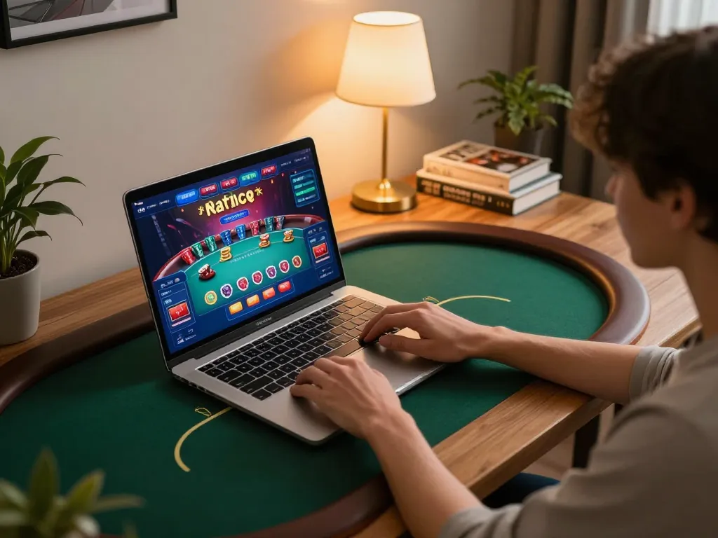Focused player enjoying online gaming on trang chủ go8 with colorful poker interface and cozy ambiance