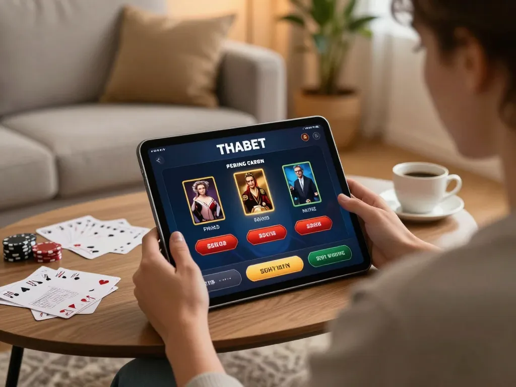 Engaging with the THABET casino app on a tablet in a cozy home setting.