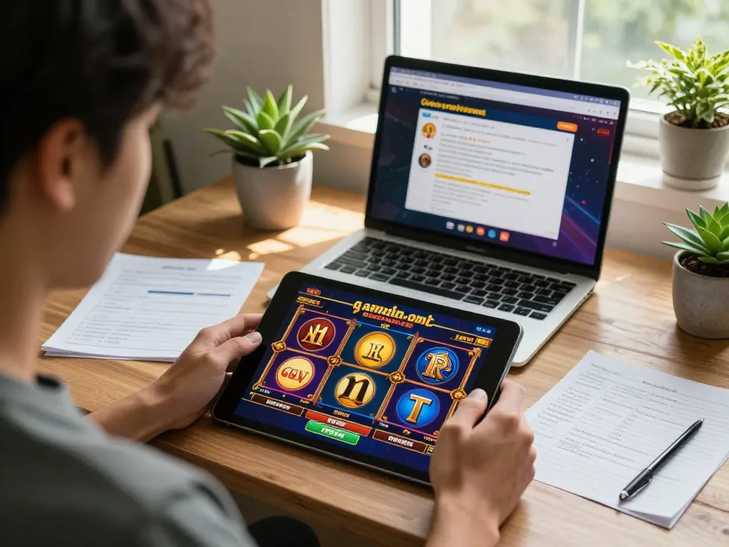 Engaging gameplay on a link gacor slot game displayed on a tablet, cozy atmosphere enhancing online gaming