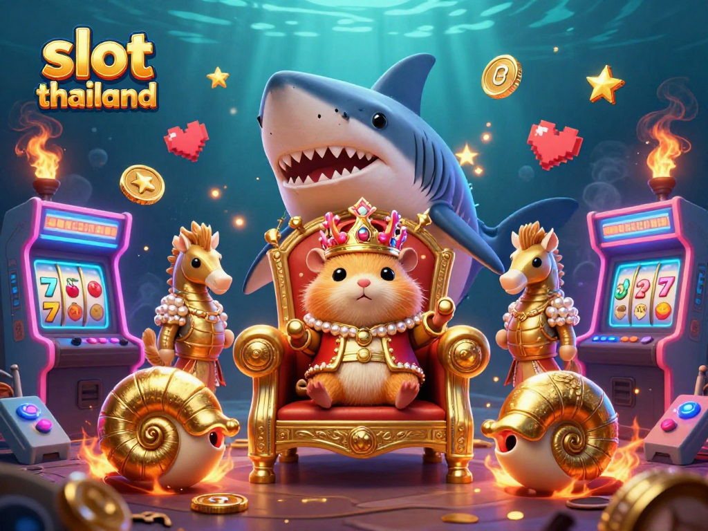 Engage with 'slot thailand' at this vibrant 3D scene featuring a hamster king and gaming elements.