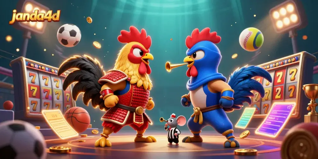 Janda4d menghadirkan pertarungan dramatis antara ayam jantan dalam armor samurai dan ninja di arena perjudian.
