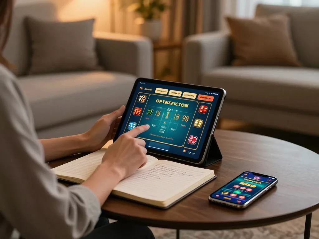 Player engaging in online betting on tr88 with tablet and strategy notes in a cozy setting.