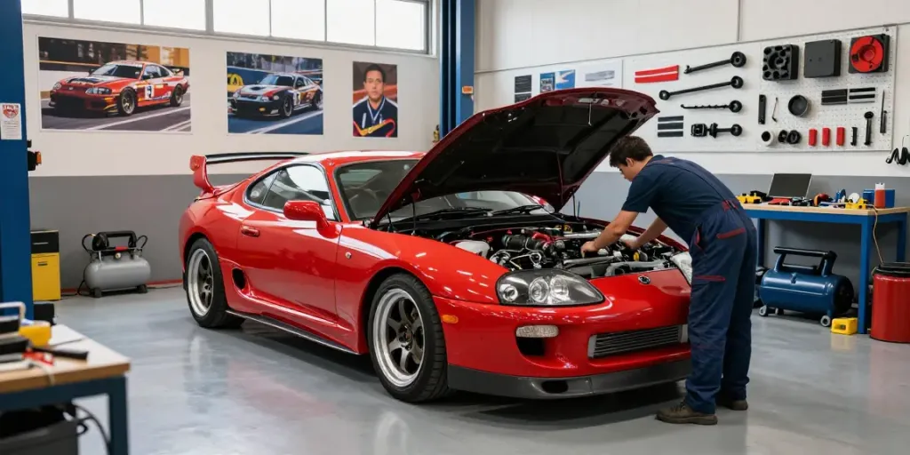 A80 platform Toyota Supra in a car enthusiast's garage with a mechanic working on the engine.