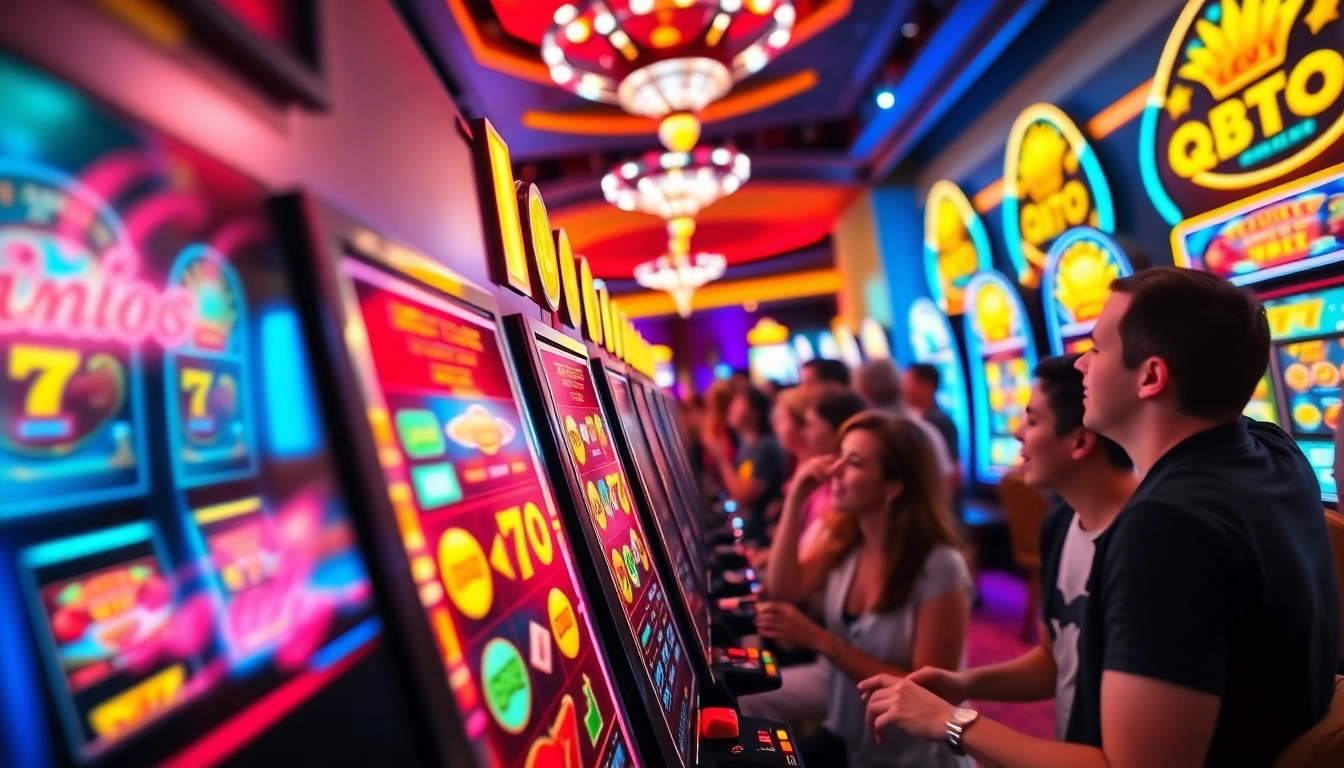 Permainan Slot Game yang menarik dengan mesin slot cerah dan pemain yang antusias.