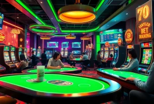 Bolagacor online gambling scene with lively players, modern gaming tables, and dynamic slot machines.